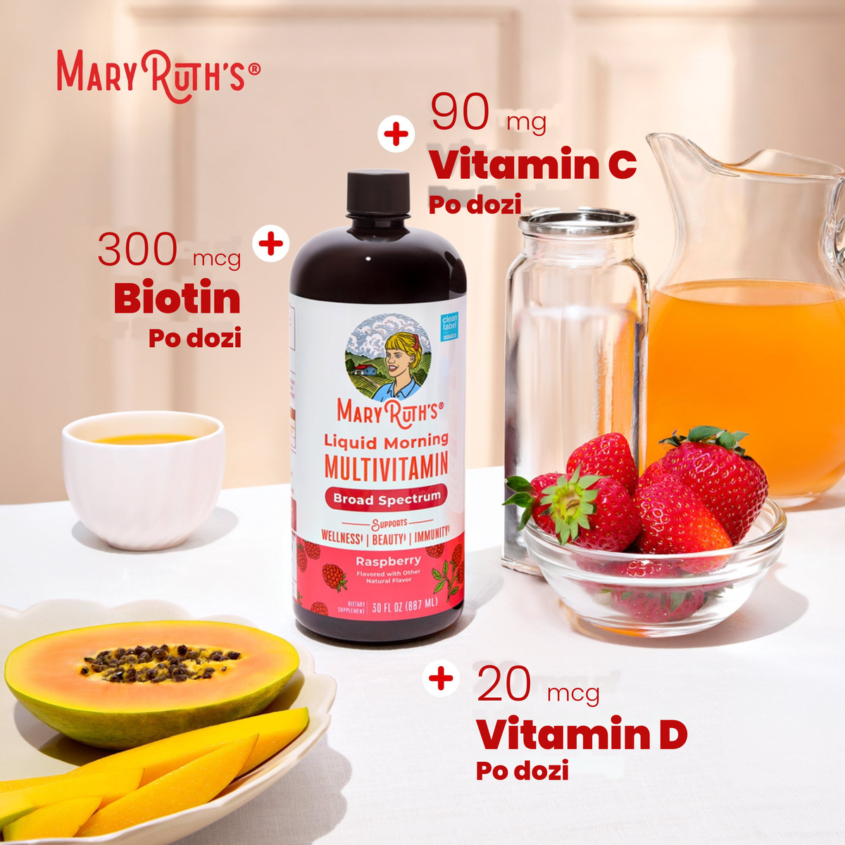 Prikaz MaryRuth Organics s 300 mcg biotina, 90 mg vitamina C i 20 mcg vitamina D po porciji