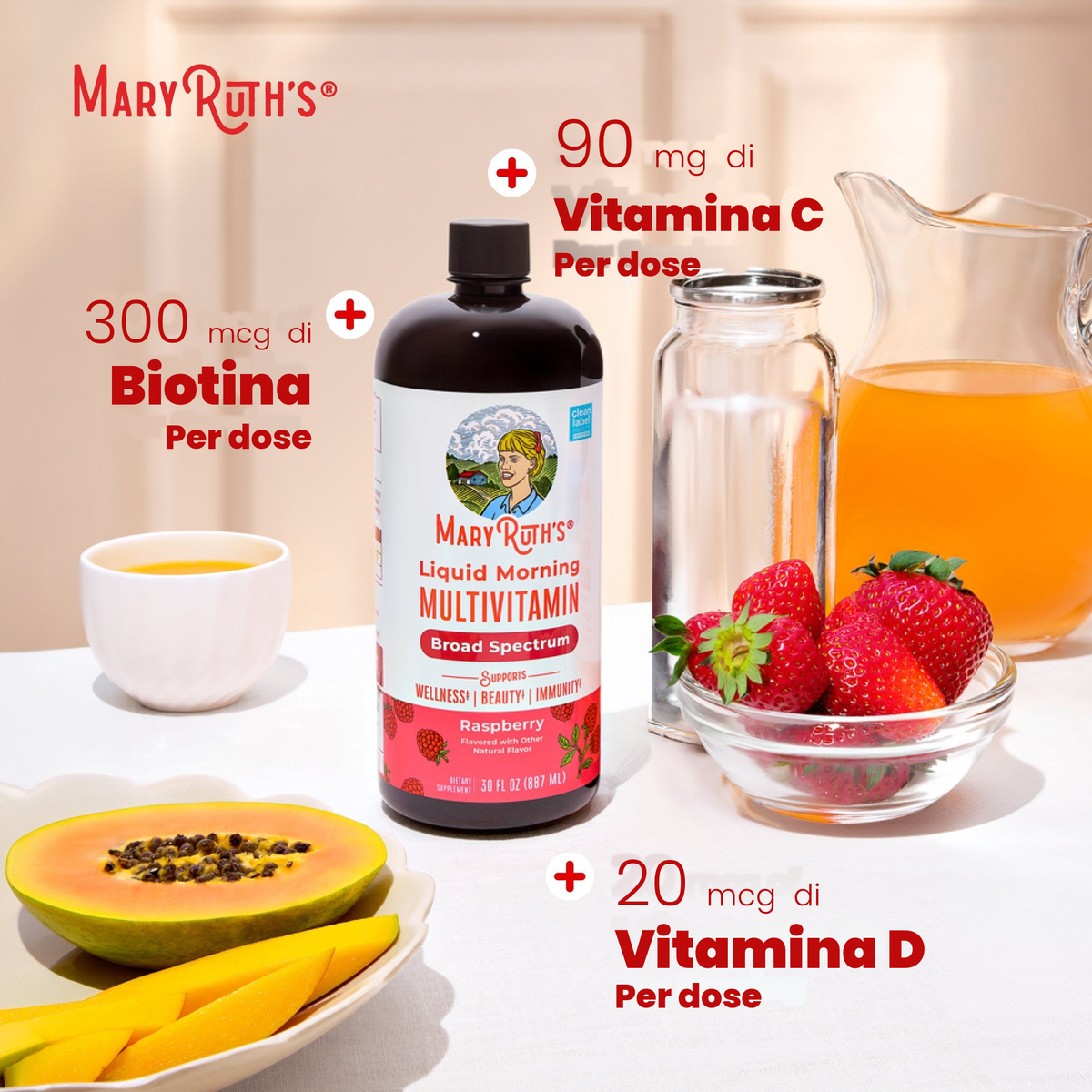 Pannello MaryRuth Organics che indica 300 mcg di biotina, 90 mg di vitamina C e 20 mcg di vitamina D per dose