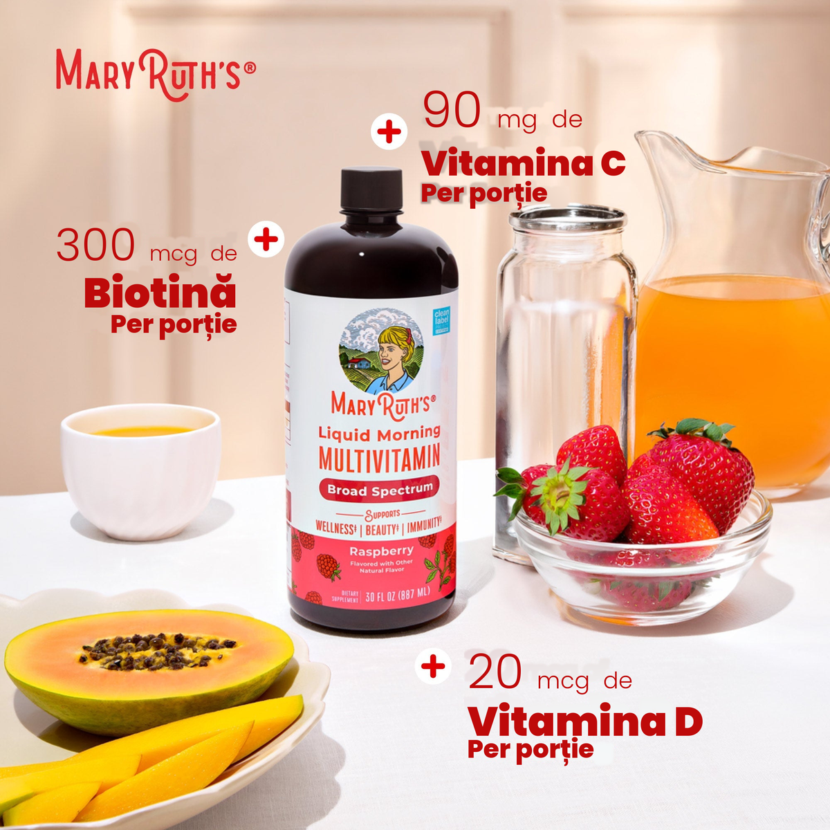 Panou MaryRuth Organics cu 300 mcg de biotină, 90 mg de vitamina C și 20 mcg de vitamina D per porție
