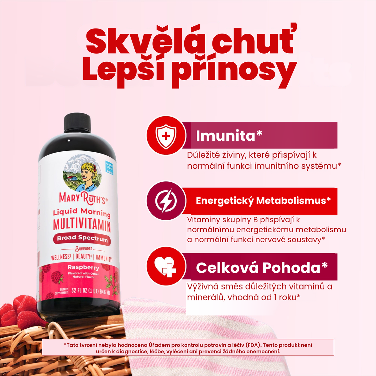 Lahvička malinového multivitaminu vedle panelů MaryRuth o podpoře imunity, energetickém metabolismu a celkové pohodě