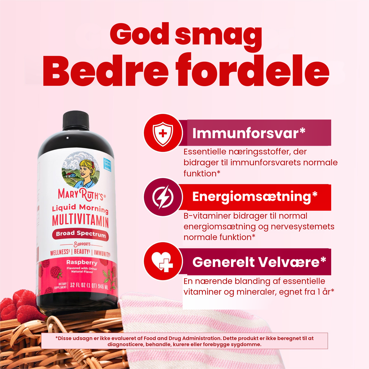 Flaske med hindbærmultivitamin ved siden af MaryRuths paneler om immunforsvar, energistofskifte og generelt velvære