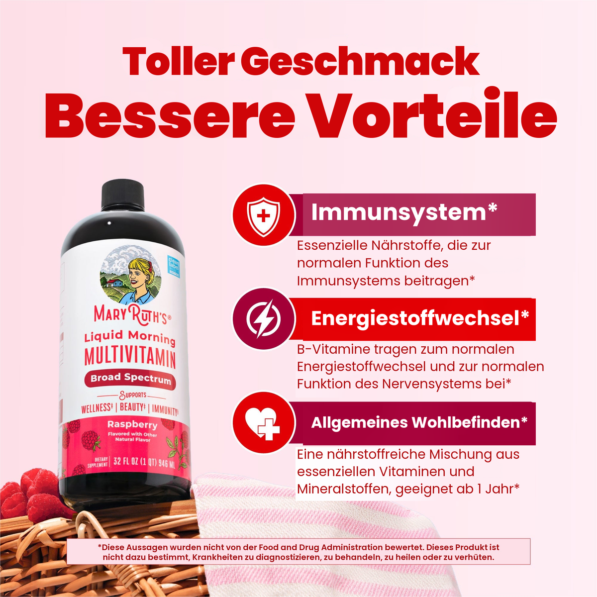 Flasche des Himbeer-Multivitamins neben den MaryRuth-Panels zu Immunsystem, Energiestoffwechsel und allgemeinem Wohlbefinden