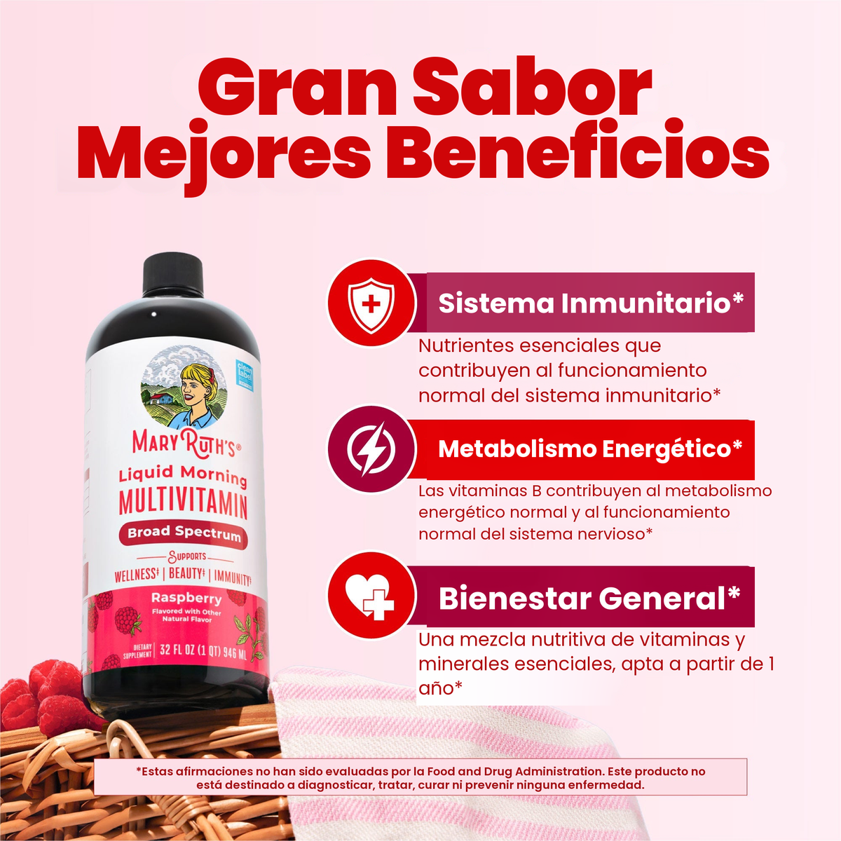 Bote del multivitamínico de frambuesa junto a los paneles de MaryRuth sobre apoyo inmunitario, metabolismo energético y bienestar general