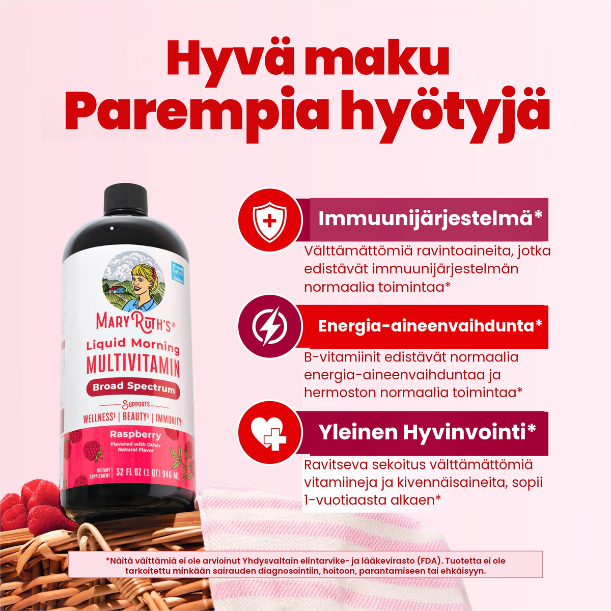 Vadelmamultivitamiinipullo MaryRuthin immuunituki-, energia-aineenvaihdunta- ja kokonaisvaltaisen hyvinvoinnin kuvien vieressä