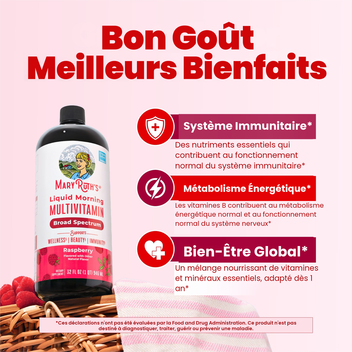 Flacon de multivitamines goût framboise à côté des visuels MaryRuth sur le soutien immunitaire, le métabolisme énergétique et le bien-être général