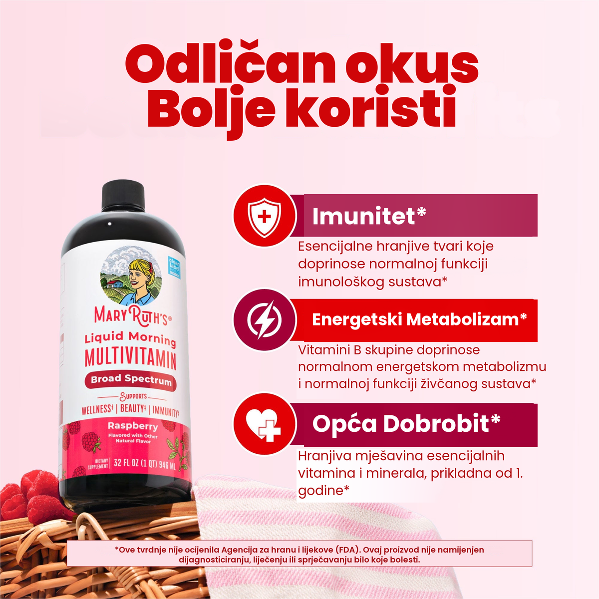 Boca multivitamina s okusom maline pored MaryRuthovih prikaza o potpori imunitetu, energetskom metabolizmu i općem blagostanju