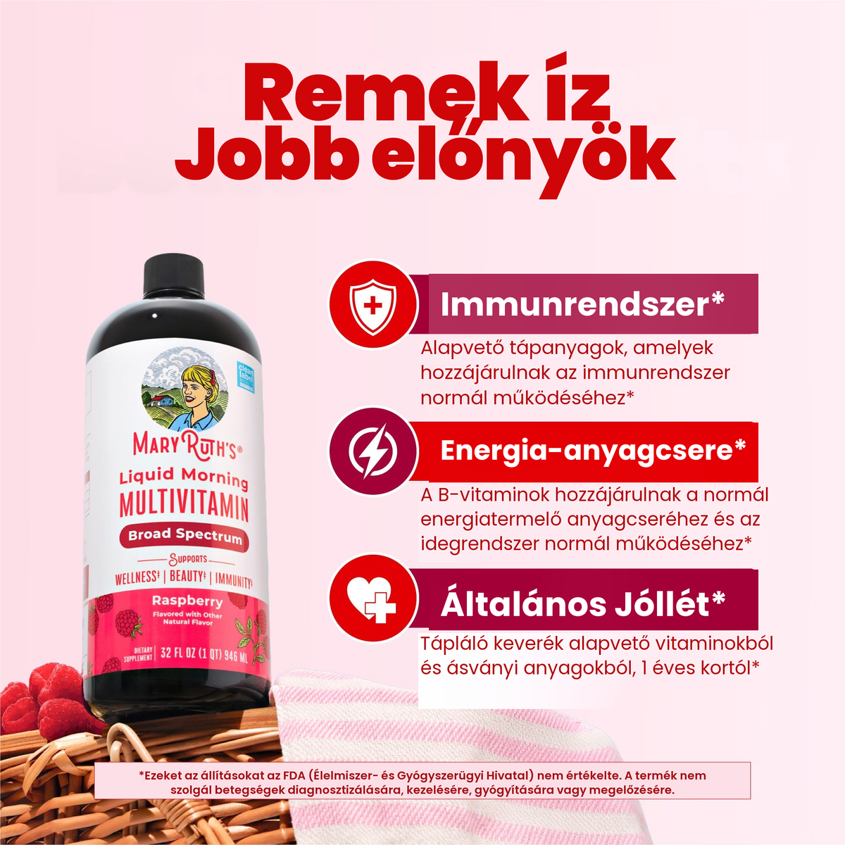 Málnás multivitamin üveg a MaryRuth immuntámogatásról, energia-anyagcseréről és általános jóllétről szóló paneljei mellett