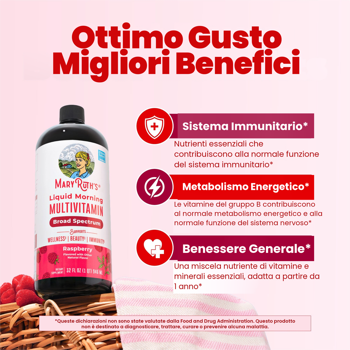 Flacone del multivitaminico al lampone accanto ai pannelli MaryRuth su supporto immunitario, metabolismo energetico e benessere generale