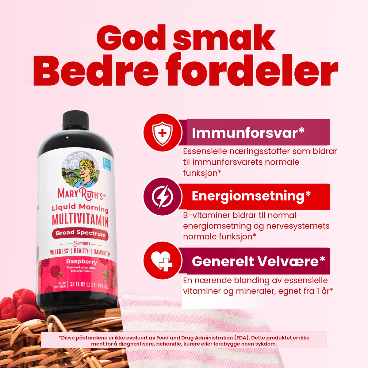 Flaske med bringebærmultivitamin ved siden av MaryRuths paneler om immunforsvar, energiomsetning og generell velvære