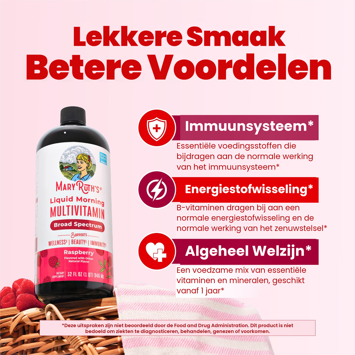 Fles multivitamine met frambozensmaak naast de MaryRuth-panelen over immuunondersteuning, energiestofwisseling en algeheel welzijn
