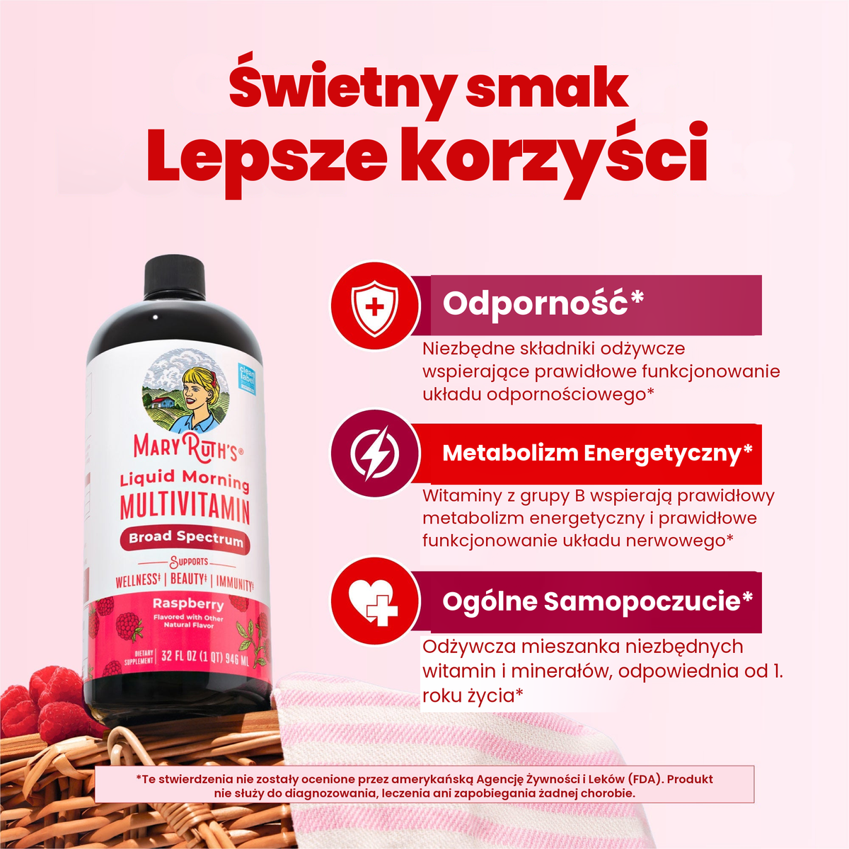 Butelka malinowej multiwitaminy obok grafik MaryRuth o wsparciu odporności, metabolizmie energetycznym i ogólnym samopoczuciu