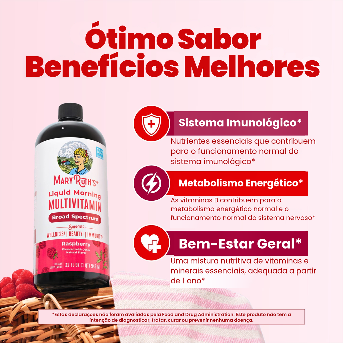 Frasco do multivitamínico de framboesa ao lado dos painéis MaryRuth sobre suporte imunológico, metabolismo energético e bem-estar geral