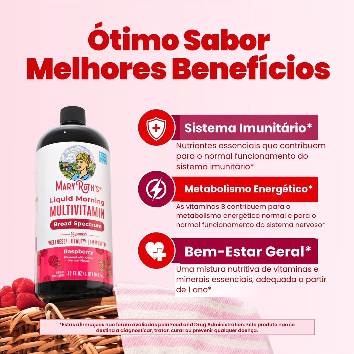 Frasco do multivitamínico de framboesa ao lado dos painéis MaryRuth sobre apoio imunitário, metabolismo energético e bem-estar geral