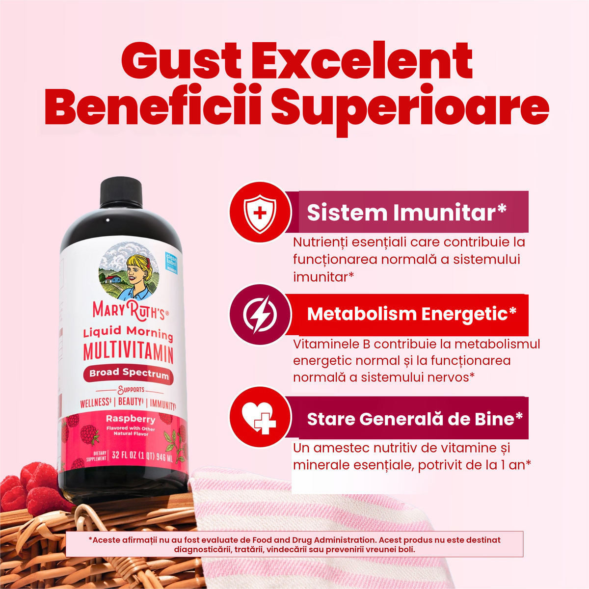 Sticla multivitaminei cu zmeură lângă panourile MaryRuth despre susținerea imunității, metabolismul energetic și starea generală de bine