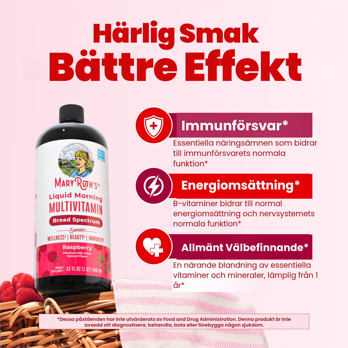 Flaska med hallonmultivitamin bredvid MaryRuths paneler om immunförsvar, energiomsättning och allmänt välbefinnande