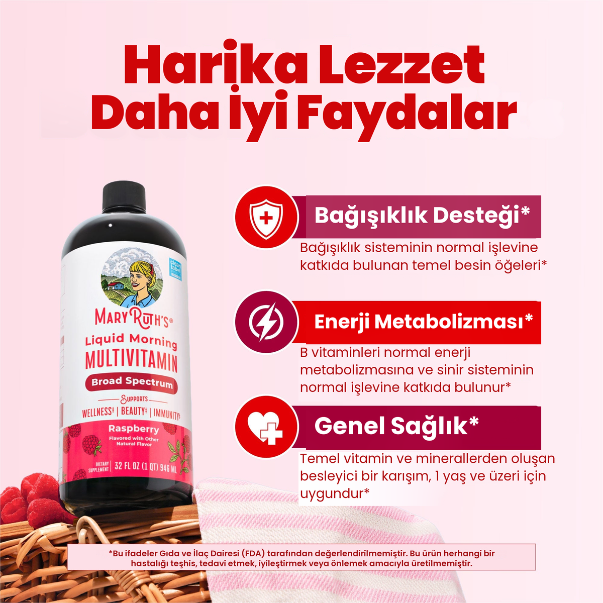 Ahududulu multivitamin şişesi, MaryRuth'un bağışıklık desteği, enerji metabolizması ve genel iyilik hali görselleri yanında