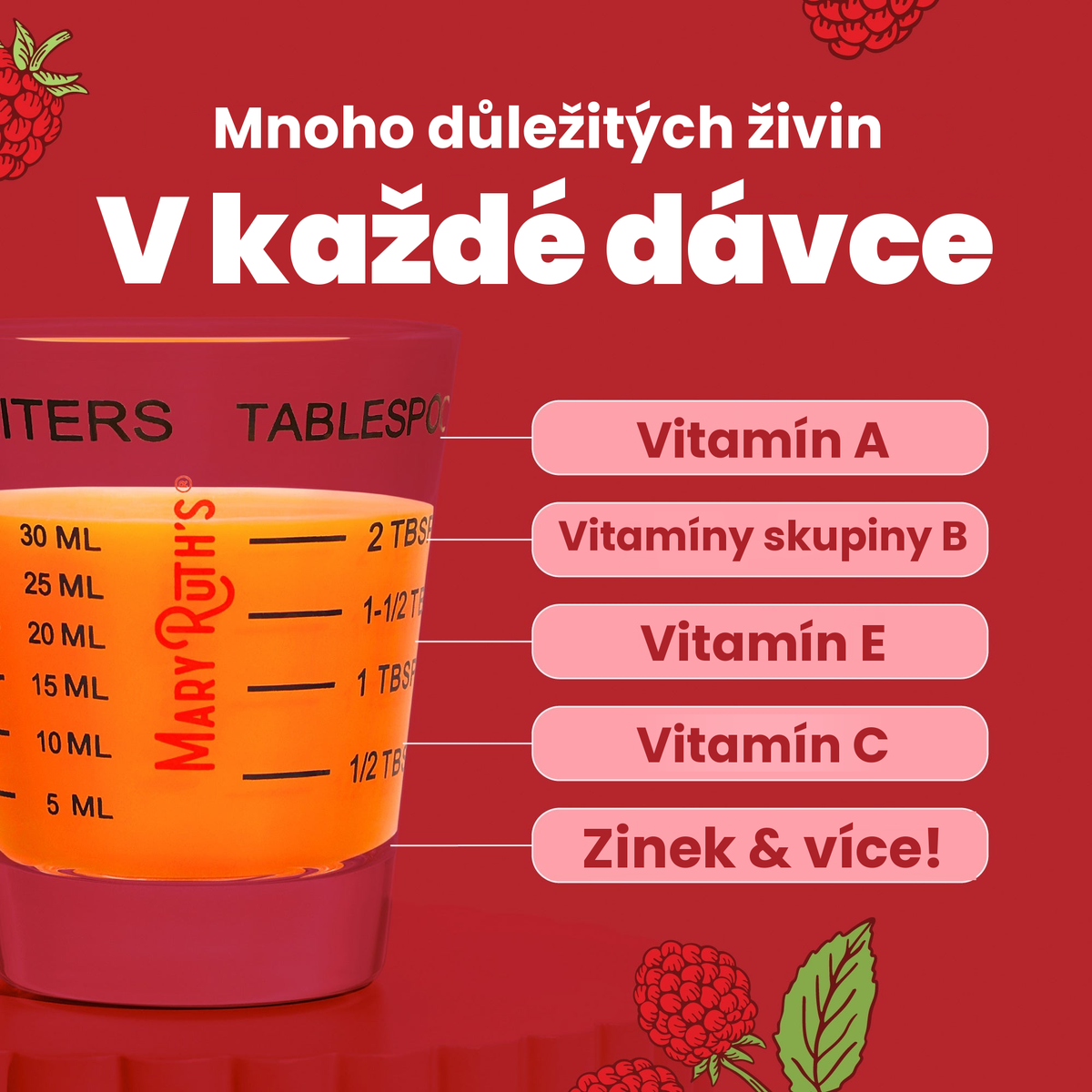 Několik esenciálních živin v každé dávce: vitamin A, vitaminy skupiny B, vitamin E, vitamin C, zinek a další, zobrazené v dávkovací odměrce 30 ml