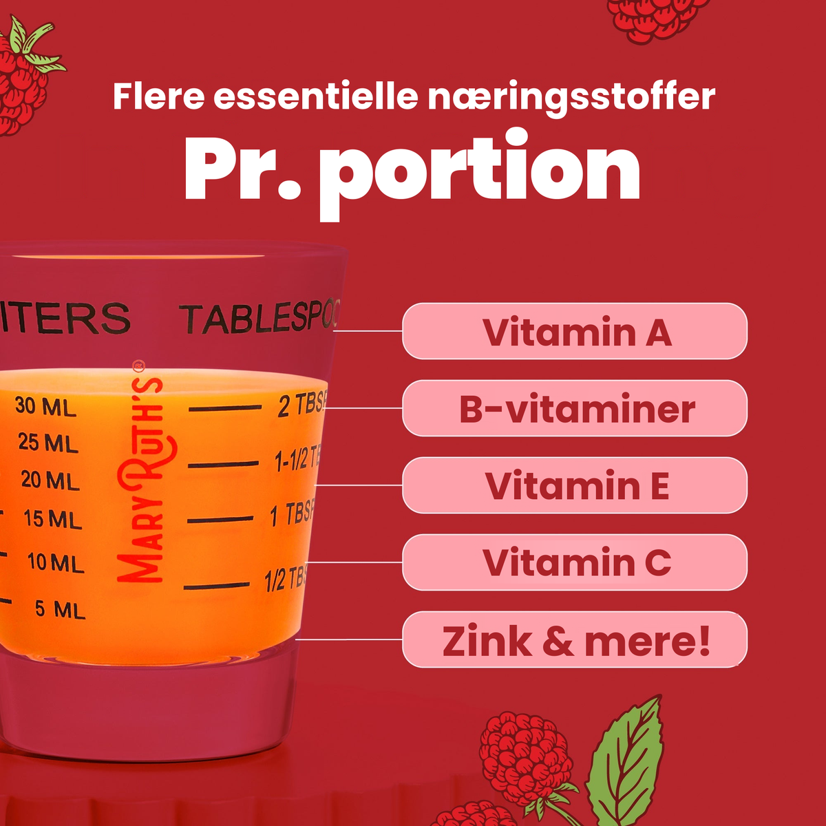 Flere essentielle næringsstoffer i hver portion: vitamin A, B-vitaminer, vitamin E, vitamin C, zink og mere, vist i et doseringsbæger på 30 ml