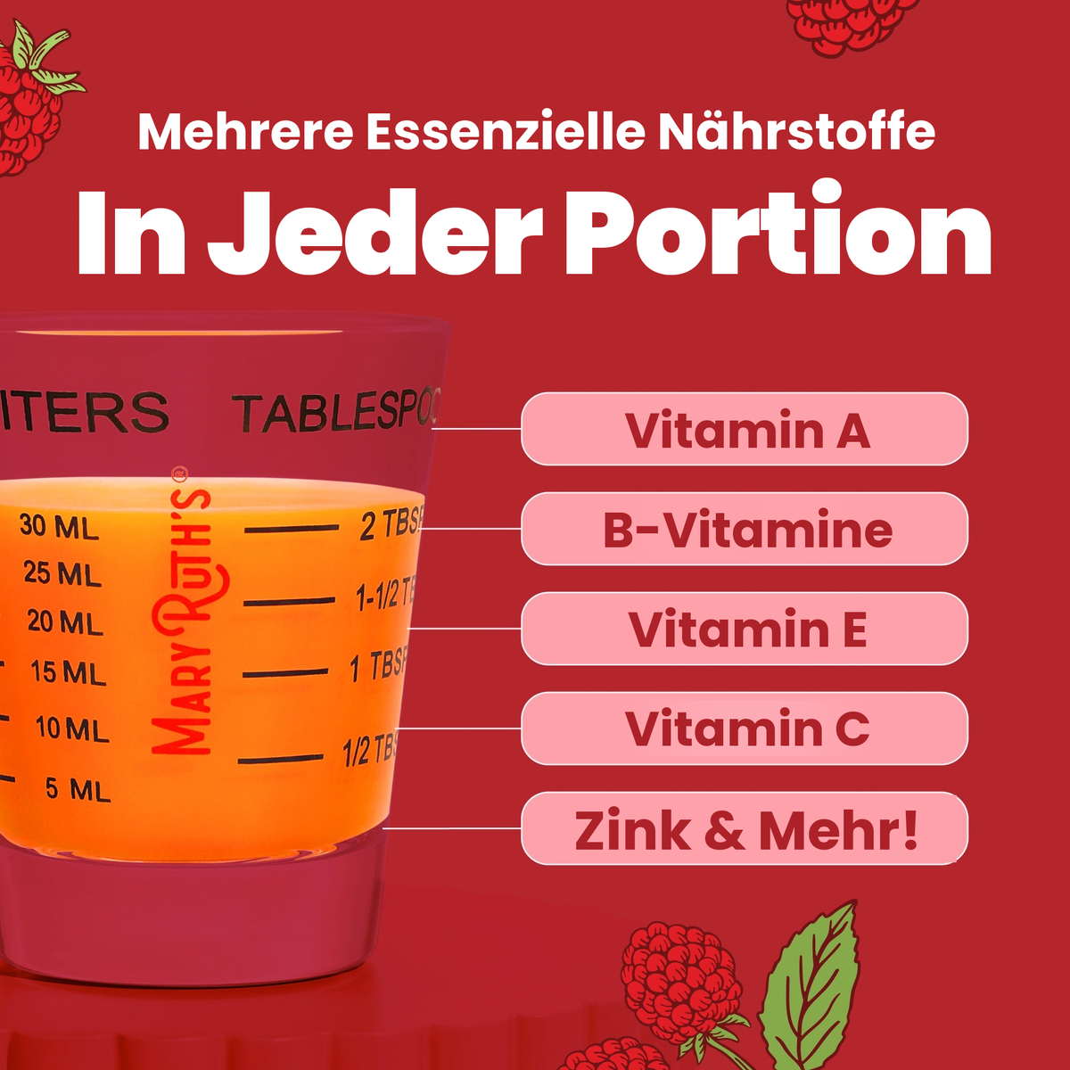 Mehrere essenzielle Nährstoffe pro Portion: Vitamin A, B-Vitamine, Vitamin E, Vitamin C, Zink und mehr, gezeigt in einem 30-ml-Dosierbecher