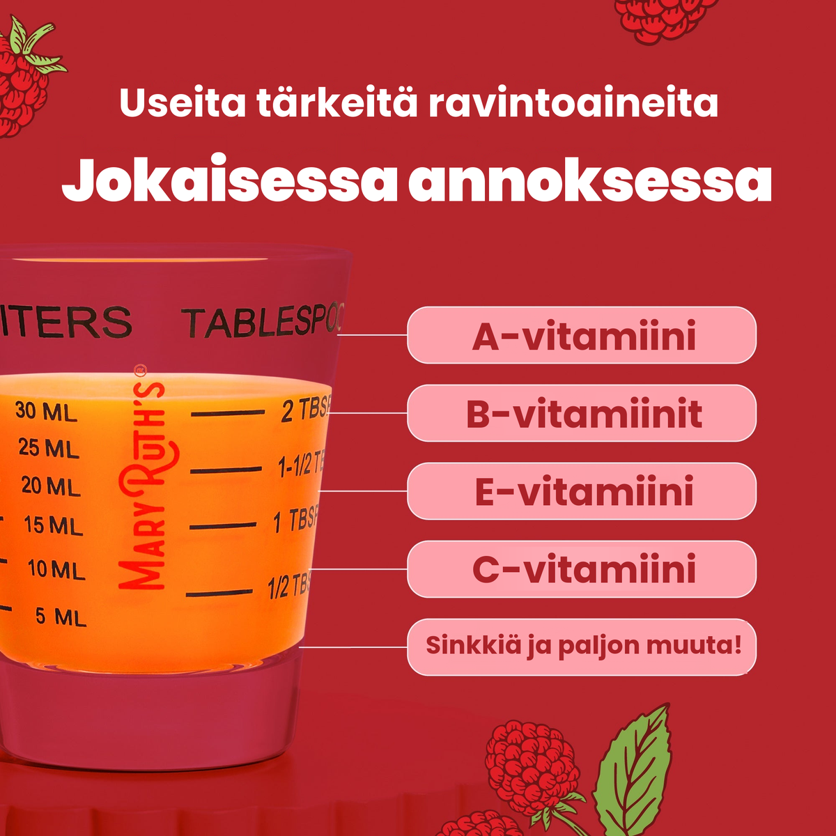Useita välttämättömiä ravintoaineita jokaisessa annoksessa: A-vitamiini, B-vitamiinit, E-vitamiini, C-vitamiini, sinkki ja muita, esitettynä 30 ml:n annostelukupissa