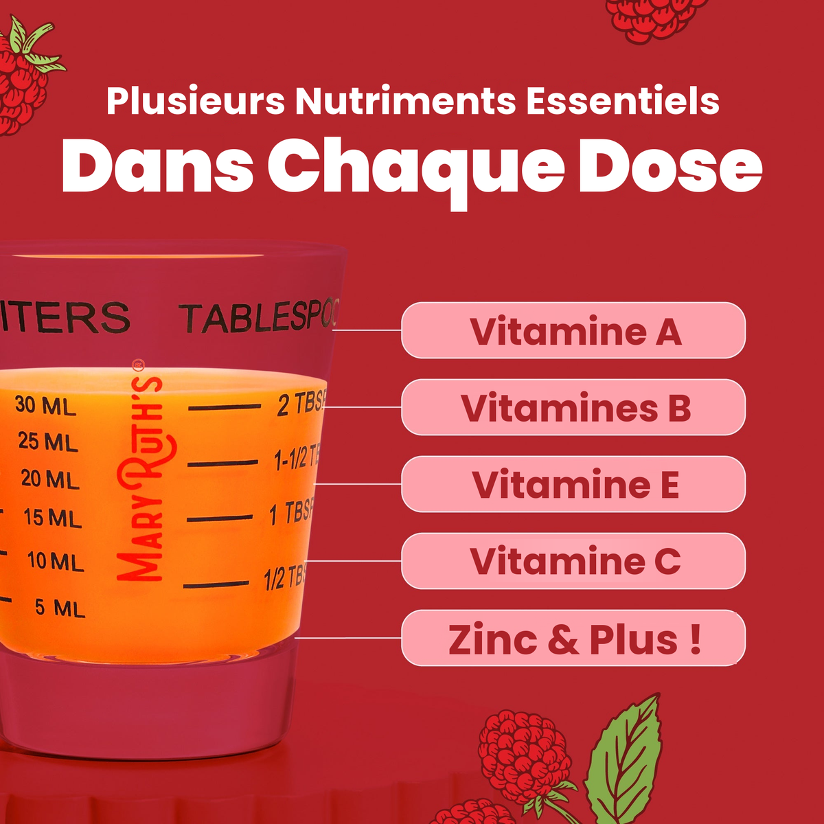 Plusieurs nutriments essentiels par dose : vitamine A, vitamines B, vitamine E, vitamine C, zinc et plus, présentés dans un godet doseur de 30 ml