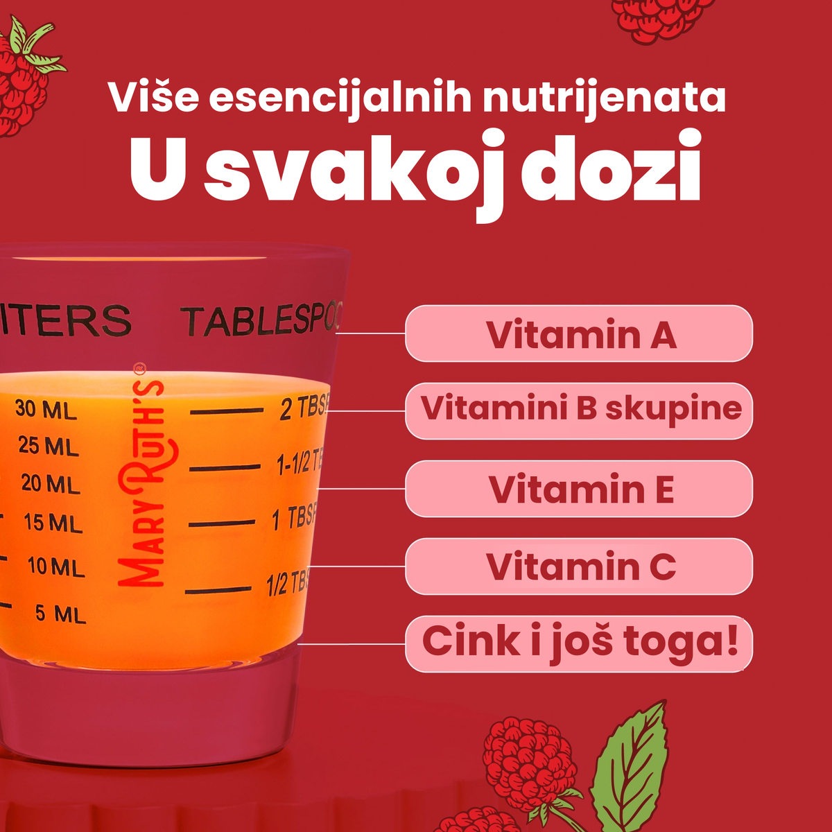 Više esencijalnih hranjivih tvari u svakoj porciji: vitamin A, vitamini B skupine, vitamin E, vitamin C, cink i još, prikazani u mjernoj čašici od 30 ml