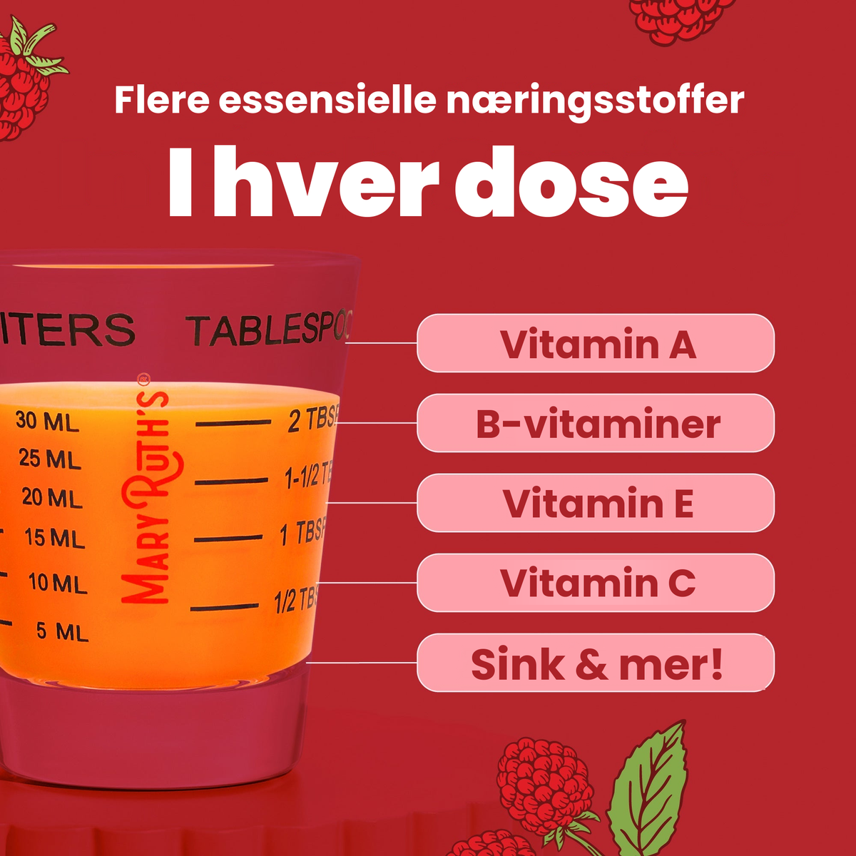 Flere essensielle næringsstoffer i hver porsjon: vitamin A, B-vitaminer, vitamin E, vitamin C, sink og mer, vist i et doseringsbeger på 30 ml