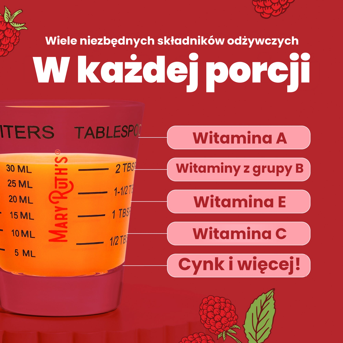 Wiele niezbędnych składników odżywczych w każdej porcji: witamina A, witaminy z grupy B, witamina E, witamina C, cynk i inne, pokazane w miarce 30 ml