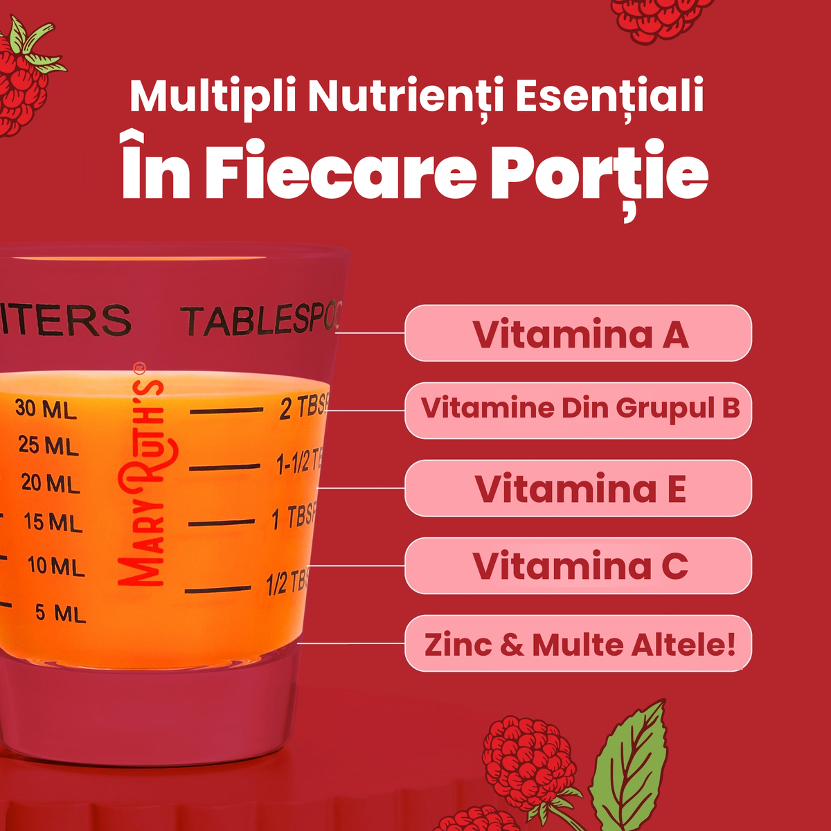 Mai mulți nutrienți esențiali în fiecare porție: vitamina A, vitaminele B, vitamina E, vitamina C, zinc și altele, prezentate într-un pahar de dozare de 30 ml