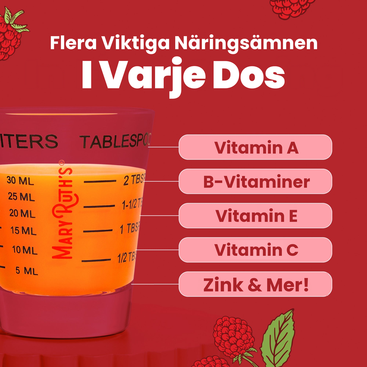 Flera essentiella näringsämnen i varje dos: vitamin A, B-vitaminer, vitamin E, vitamin C, zink och mer, visade i ett doseringsmått på 30 ml