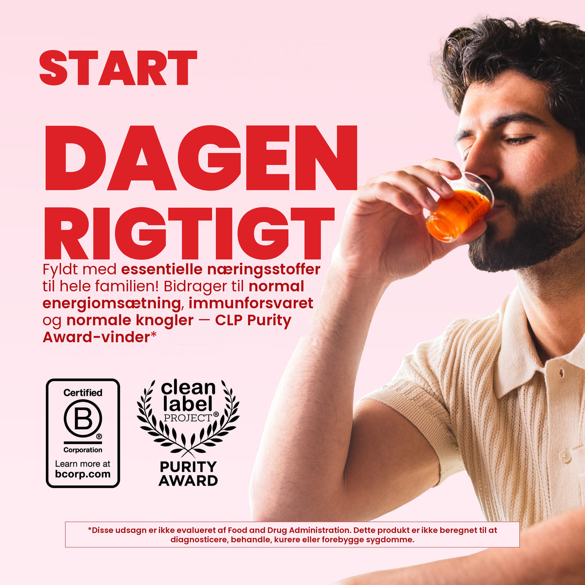 Mand der drikker Liquid Morning Multivitamin med hindbærsmag, med mærkerne Certified B Corporation og Clean Label Project Purity Award