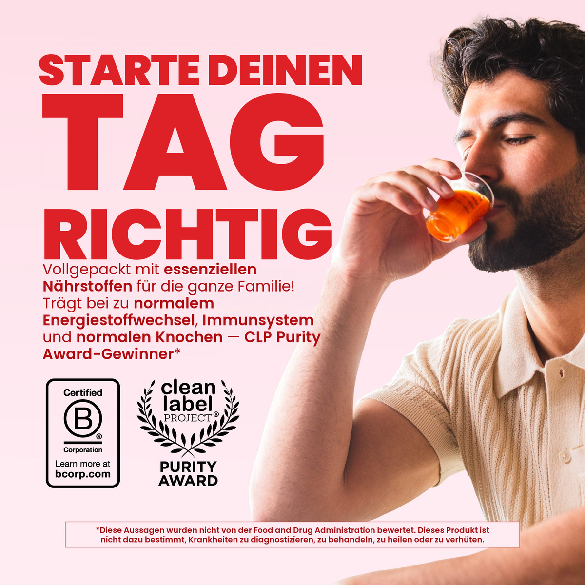 Mann, der das Liquid Morning Multivitamin mit Himbeergeschmack trinkt, mit den Siegeln Certified B Corporation und Clean Label Project Purity Award