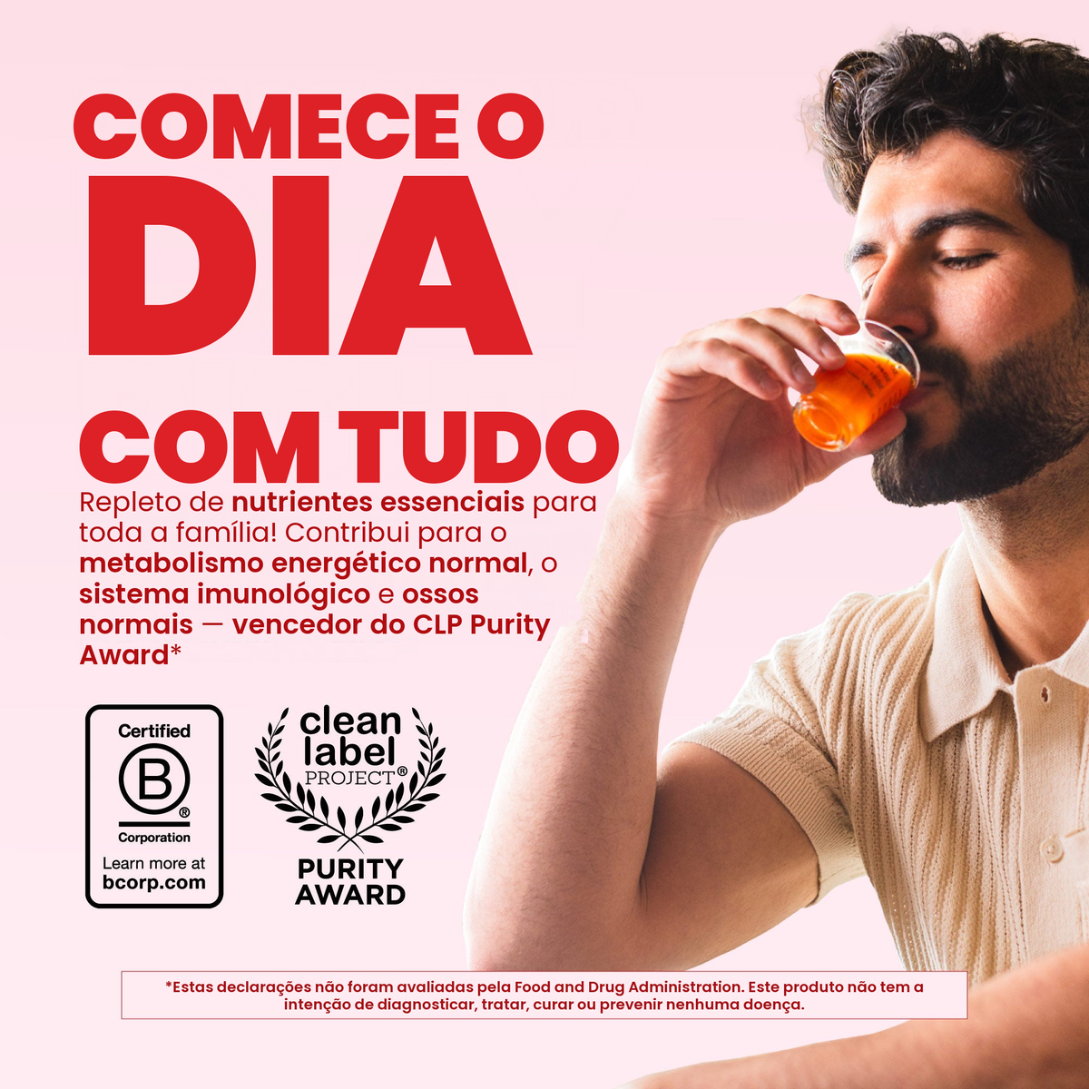 Homem bebendo o Liquid Morning Multivitamin de framboesa, com os selos Certified B Corporation e Clean Label Project Purity Award