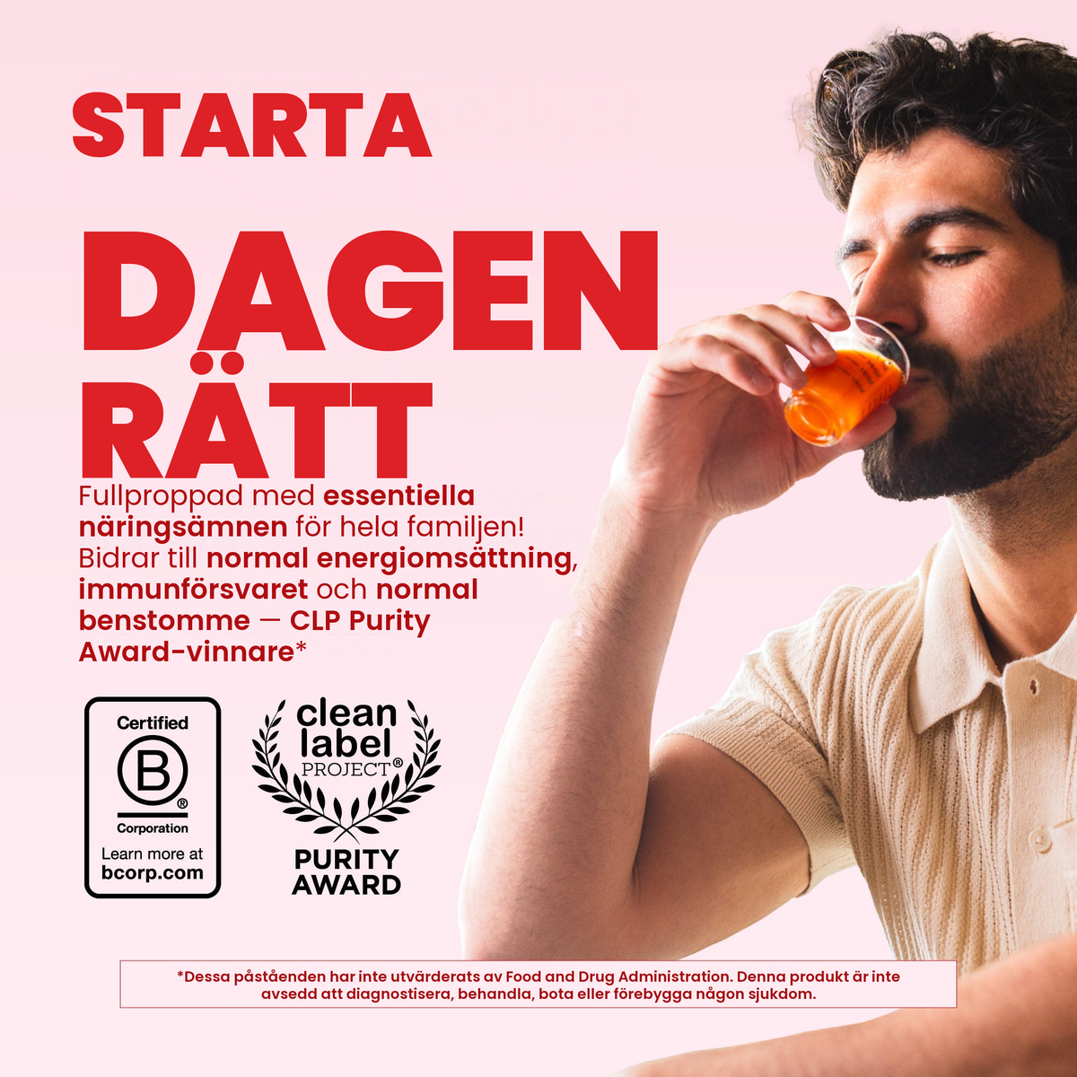 Man som dricker Liquid Morning Multivitamin med hallonsmak, med märkena Certified B Corporation och Clean Label Project Purity Award