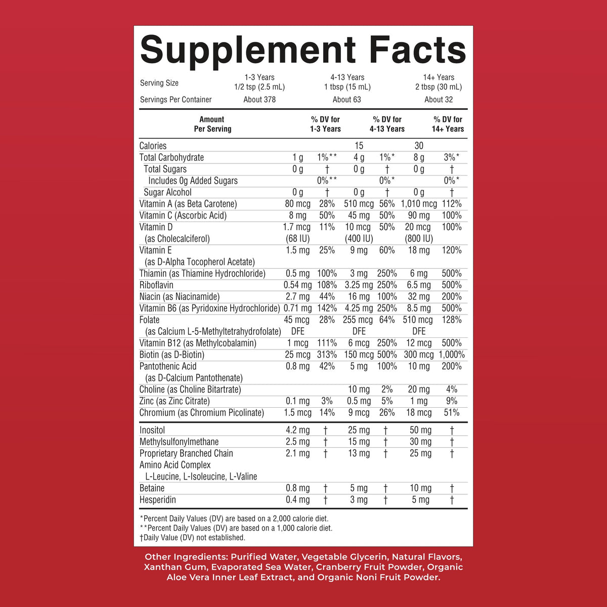 Supplement facts panel for MaryRuth Liquid Morning Multivitamin, with doses for ages 1 to 3, 4 to 13 and 14 and over