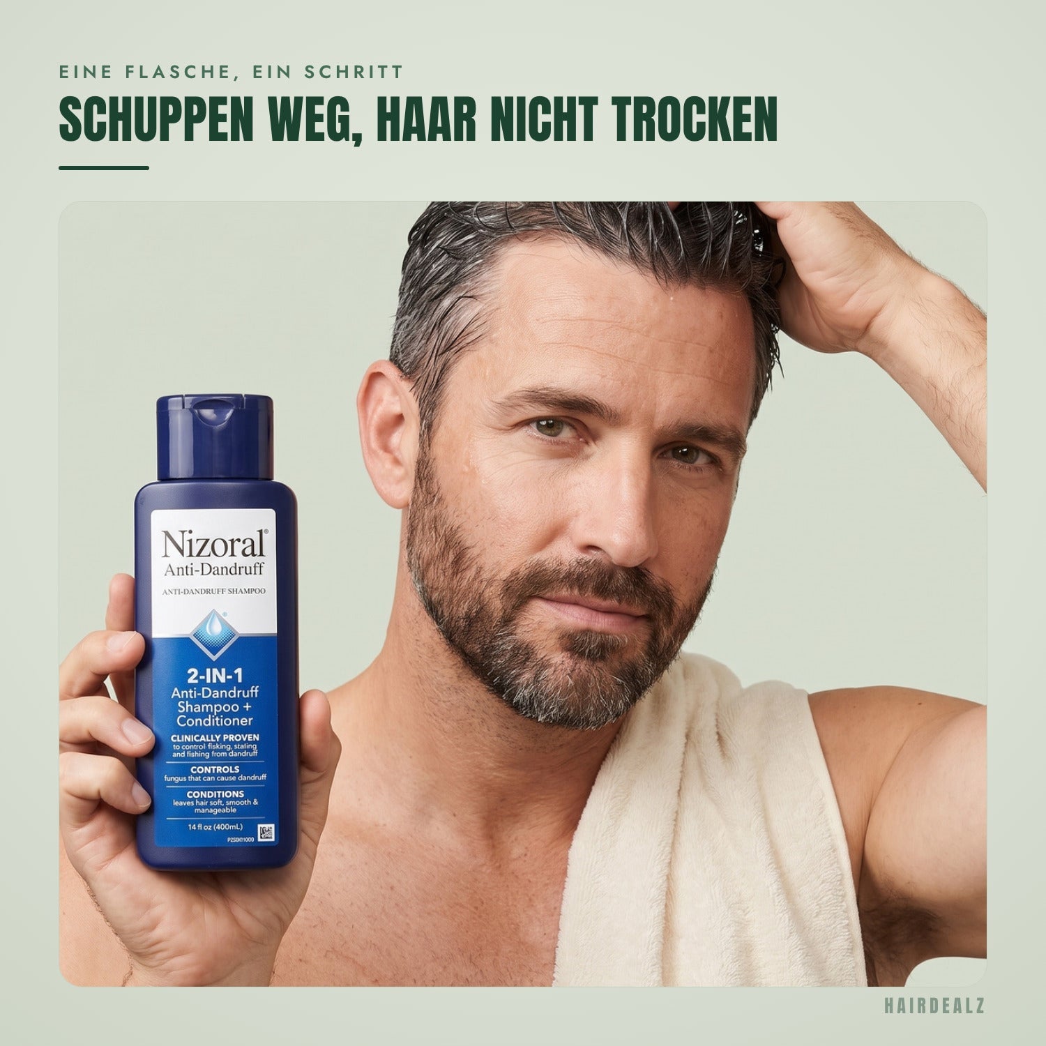 Nizoral 2-in-1 in Anwendung vor grünem Hintergrund