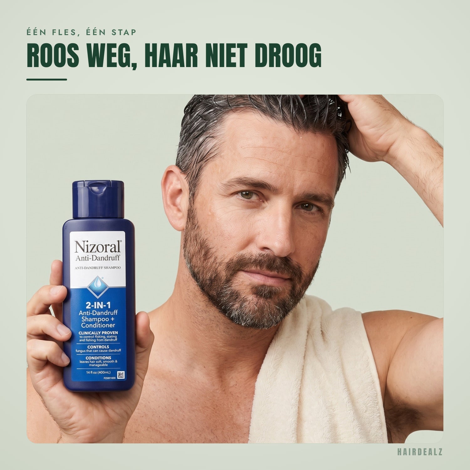 Nizoral 2-in-1 in gebruik tegen een groene achtergrond