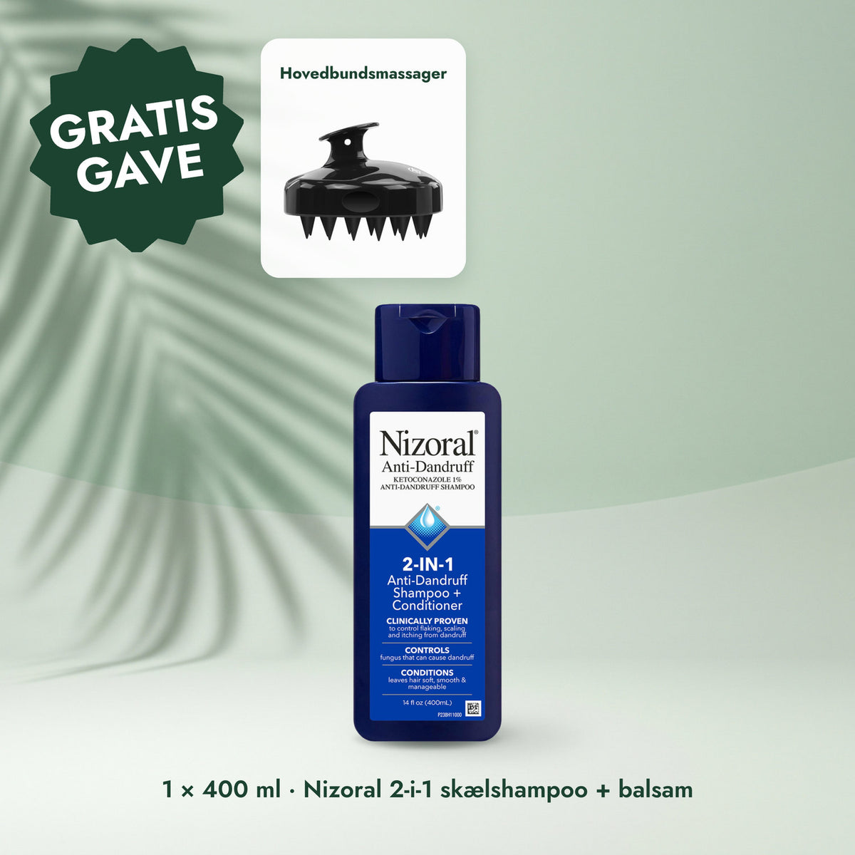 1 × 400 ml · Nizoral 2-i-1 skælshampoo + balsam: Hovedbundsmassager