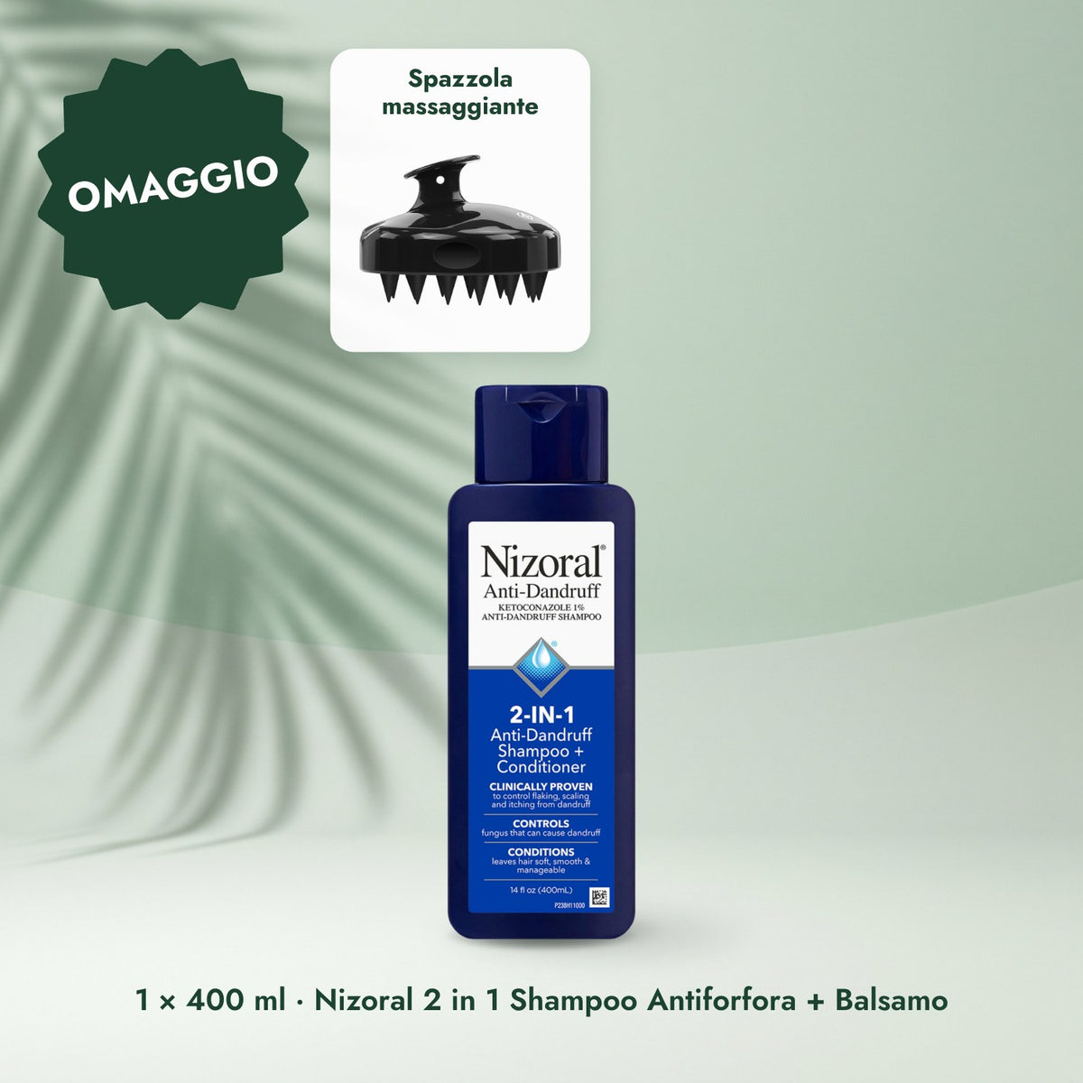 1 × 400 ml · Nizoral 2 in 1 Shampoo Antiforfora + Balsamo: Spazzola massaggiante