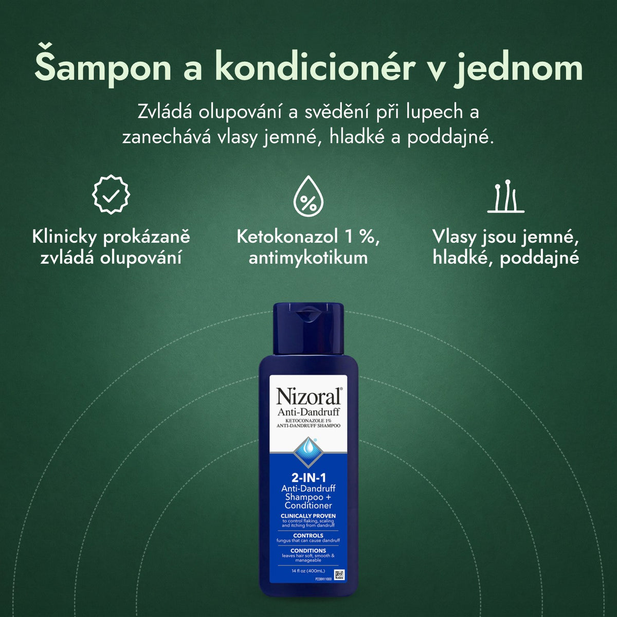 Nizoral 2 v 1 šampon proti lupům + kondicionér: Šampon a kondicionér v jednom Klinicky prokázaně zvládá olupování, Ketokonazol 1 %, antimykotikum, Vlasy jsou jemné, hladké, poddajné