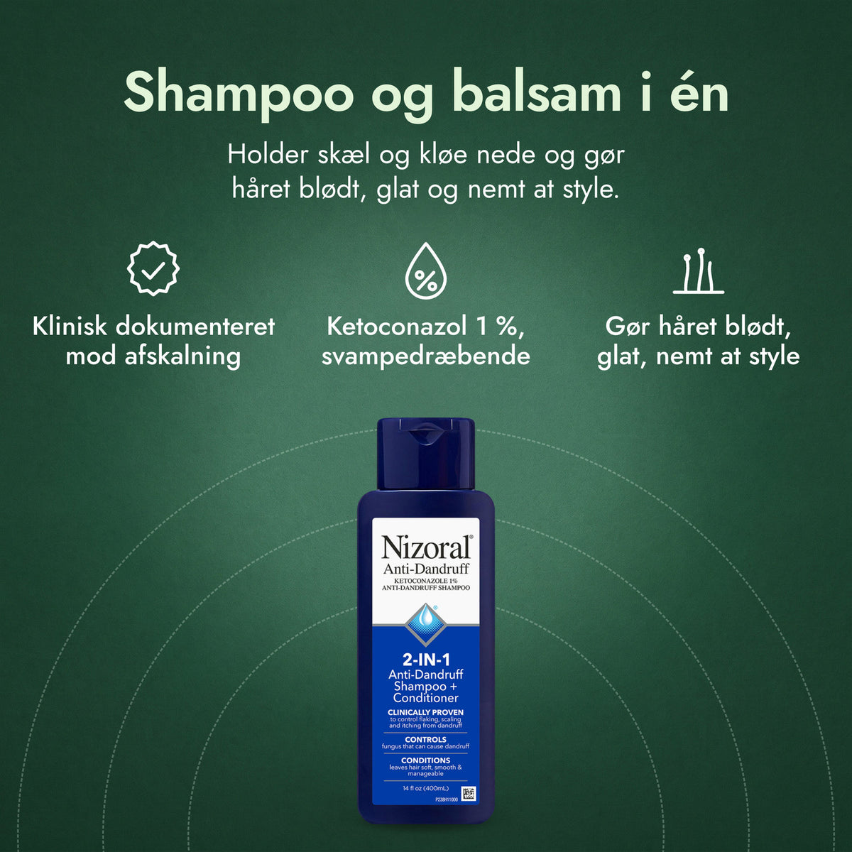 Nizoral 2-i-1 skælshampoo + balsam: Shampoo og balsam i én Klinisk dokumenteret mod afskalning, Ketoconazol 1 %, svampedræbende, Gør håret blødt, glat, nemt at style
