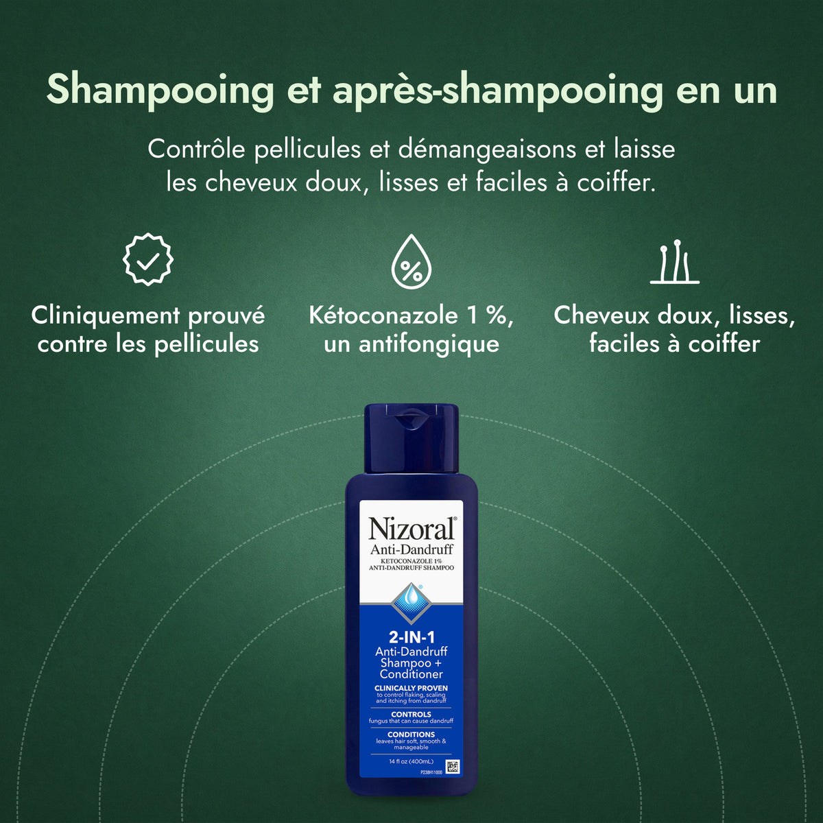 Nizoral 2 en 1 shampooing antipelliculaire + après-shampooing: Shampooing et après-shampooing en un Cliniquement prouvé contre les pellicules, Kétoconazole 1 %, un antifongique, Cheveux doux, lisses, faciles à coiffer