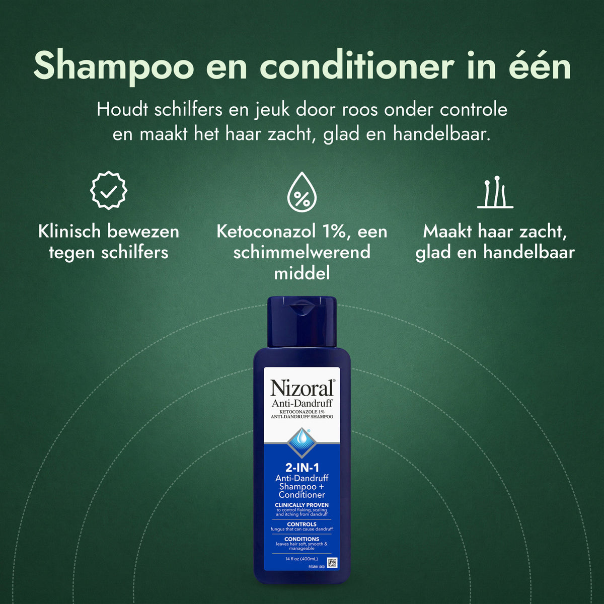 Nizoral 2-in-1 anti-roosshampoo + conditioner: Shampoo en conditioner in één Klinisch bewezen tegen schilfers, Ketoconazol 1%, een schimmelwerend middel, Maakt haar zacht, glad en handelbaar