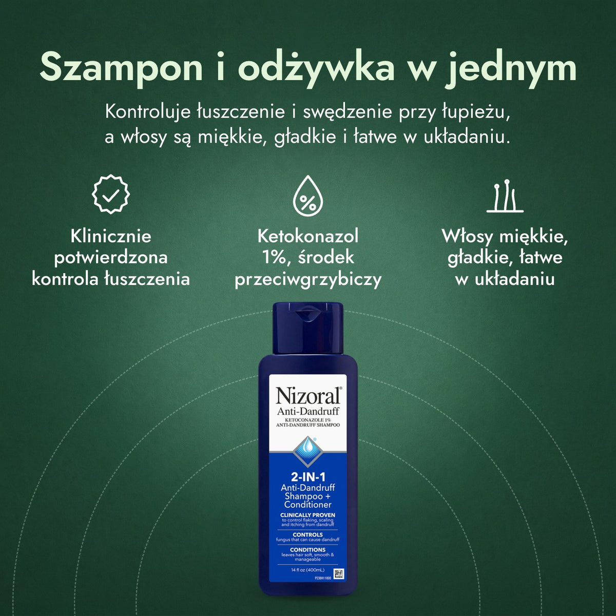 Nizoral 2 w 1 szampon przeciwłupieżowy z odżywką: Szampon i odżywka w jednym Klinicznie potwierdzona kontrola łuszczenia, Ketokonazol 1%, środek przeciwgrzybiczy, Włosy miękkie, gładkie, łatwe w układaniu