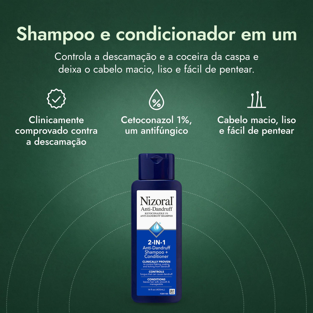 Nizoral 2 em 1 Shampoo Anticaspa + Condicionador: Shampoo e condicionador em um Clinicamente comprovado contra a descamação, Cetoconazol 1%, um antifúngico, Cabelo macio, liso e fácil de pentear