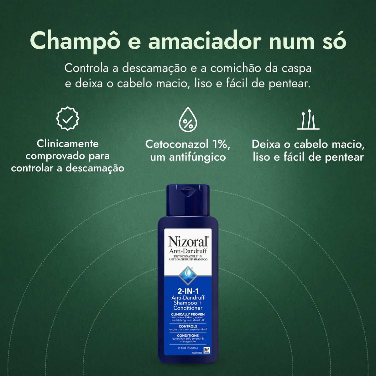 Nizoral Champô e Amaciador Anticaspa 2 em 1: Champô e amaciador num só Clinicamente comprovado para controlar a descamação, Cetoconazol 1%, um antifúngico, Deixa o cabelo macio, liso e fácil de pentear