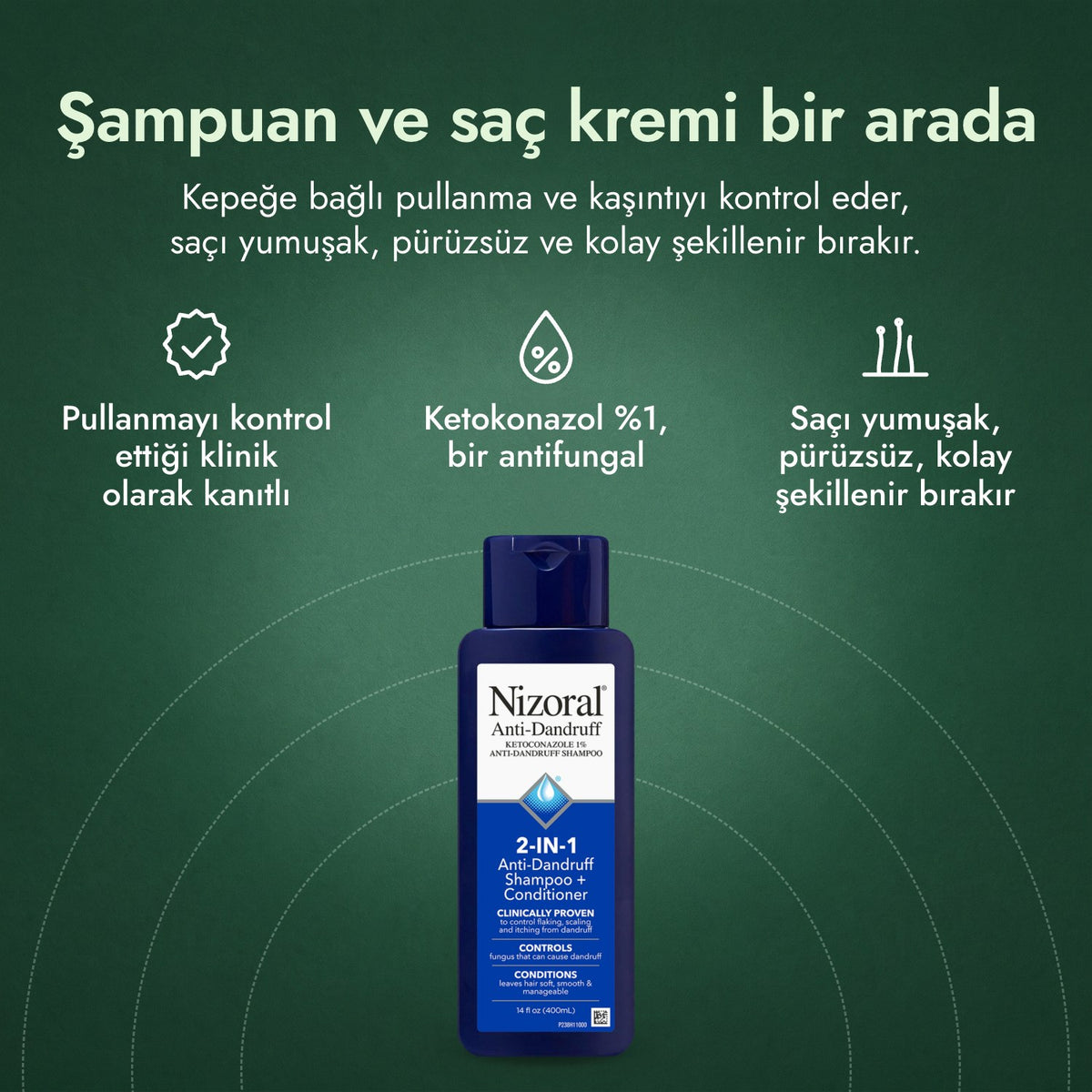 Nizoral 2'si 1 arada kepek şampuanı + saç kremi: Şampuan ve saç kremi bir arada Pullanmayı kontrol ettiği klinik olarak kanıtlı, Ketokonazol %1, bir antifungal, Saçı yumuşak, pürüzsüz, kolay şekillenir bırakır
