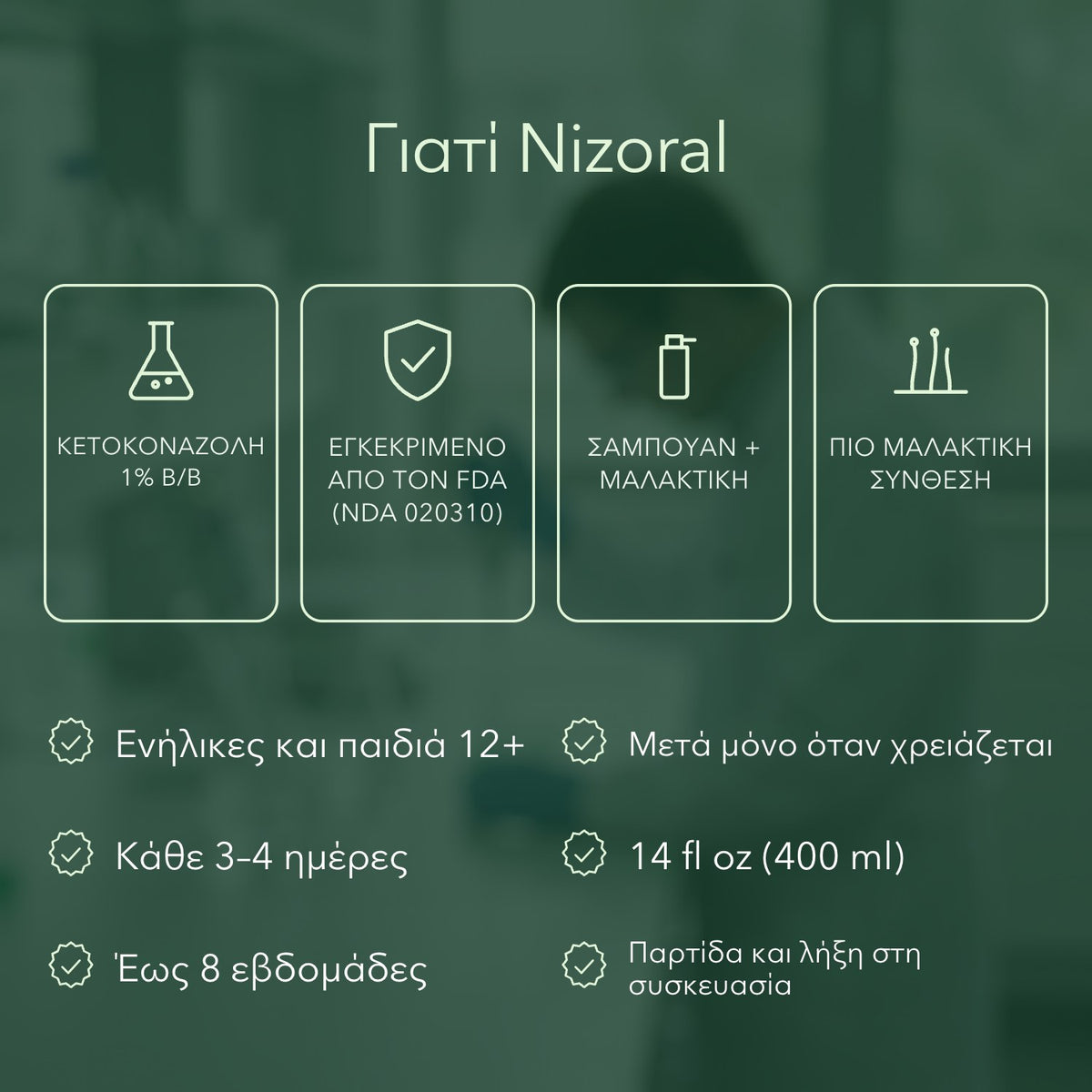 Γιατί Nizoral: Κετοκοναζόλη 1% β/β, Εγκεκριμένο από τον FDA (NDA 020310), Σαμπουάν + μαλακτική, Πιο μαλακτική σύνθεση