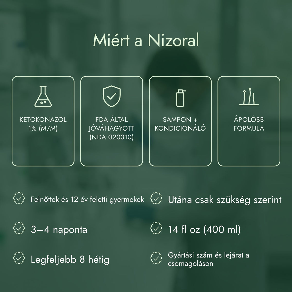 Miért a Nizoral: Ketokonazol 1% (m/m), FDA által jóváhagyott (NDA 020310), Sampon + kondicionáló, Ápolóbb formula