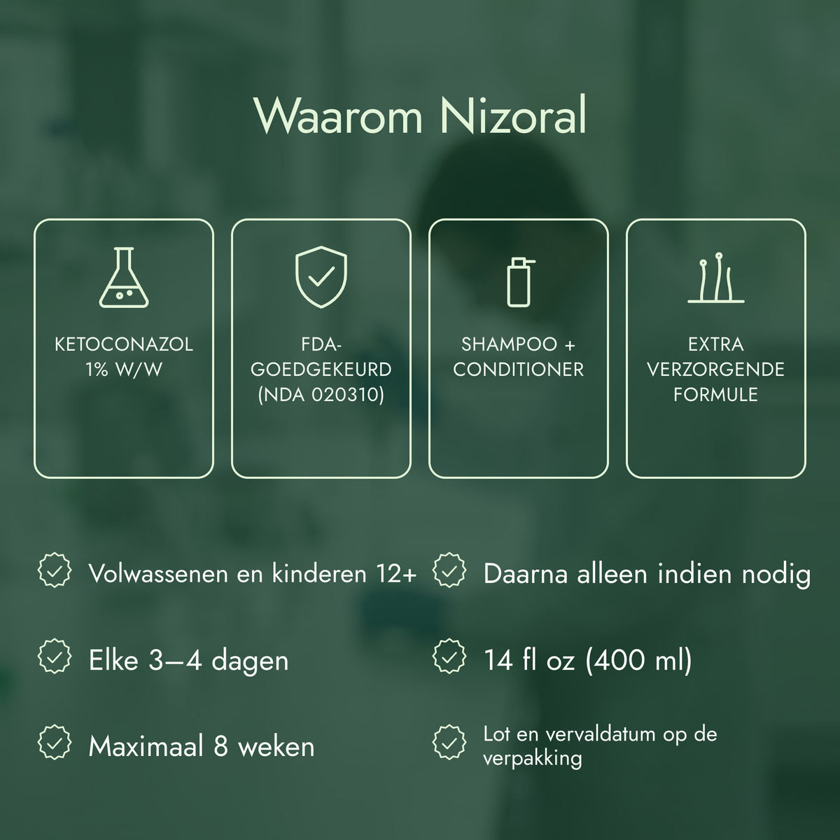 Waarom Nizoral: Ketoconazol 1% w/w, FDA-goedgekeurd (NDA 020310), Shampoo + conditioner, Extra verzorgende formule